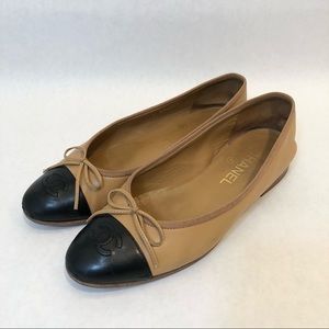 Chanel - Tan Black Bow Ballet Flats Ballerinas 37